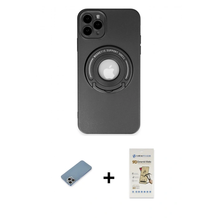 MARSİLYAN™- iPhone 12 Pro Max Kılıf Eksen Klasik Prime - Siyah Mat Seramik Nano Ekran Koruyucu + Shine Kamera Lens Koruma Cam - GI