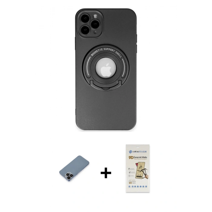 MARSİLYAN™- iPhone 12 Pro Max Kılıf Eksen Klasik Prime - Siyah Mat Seramik Nano Ekran Koruyucu + Siyah Metal Kamera Lens Koruma Cam