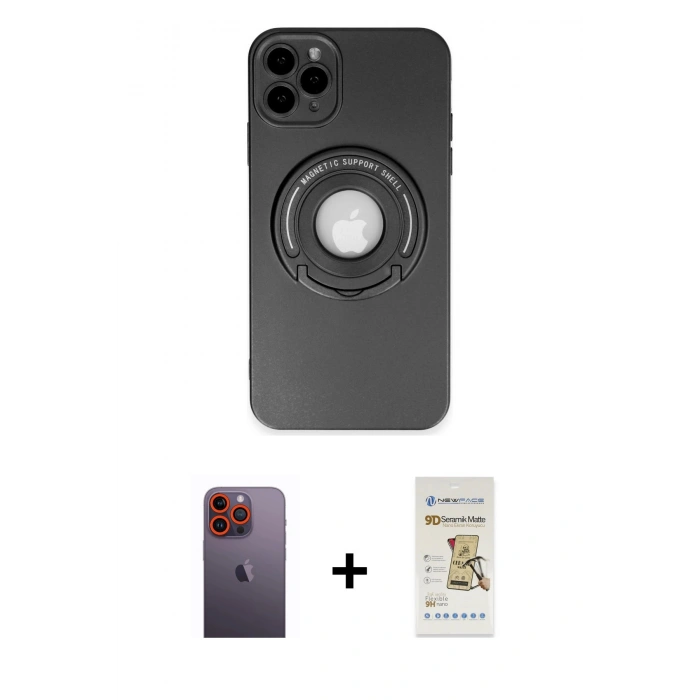 MARSİLYAN™- iPhone 12 Pro Max Kılıf Eksen Klasik Prime - Siyah Mat Seramik Nano Ekran Koruyucu + Neon Fosforlu Kamera Lens - TU
