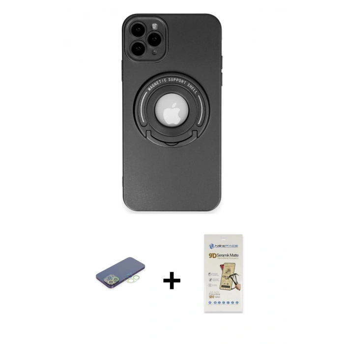 MARSİLYAN™- iPhone 12 Pro Max Kılıf Eksen Klasik Prime - Siyah Mat Seramik Nano Ekran Koruyucu + Yeşil Renkli Kamera Lens Koruma Cam