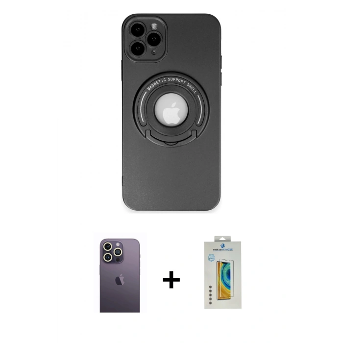 MARSİLYAN™- iPhone 12 Pro Max Kılıf Eksen Klasik Prime - Siyah Polymer Nano Ekran Koruyucu + Neon Fosforlu Kamera Lens - BZ