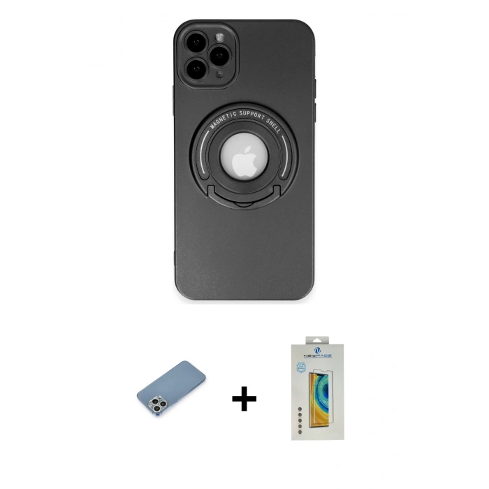 MARSİLYAN™- iPhone 12 Pro Max Kılıf Eksen Klasik Prime - Siyah Polymer Nano Ekran Koruyucu + Gümüş Shine Kamera Lens Koruma Cam