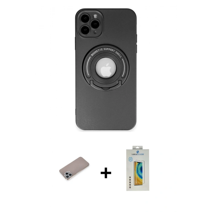MARSİLYAN™- iPhone 12 Pro Max Kılıf Eksen Klasik Prime - Siyah Polymer Nano Ekran Koruyucu + Shine Kamera Lens Koruma Cam - SABE