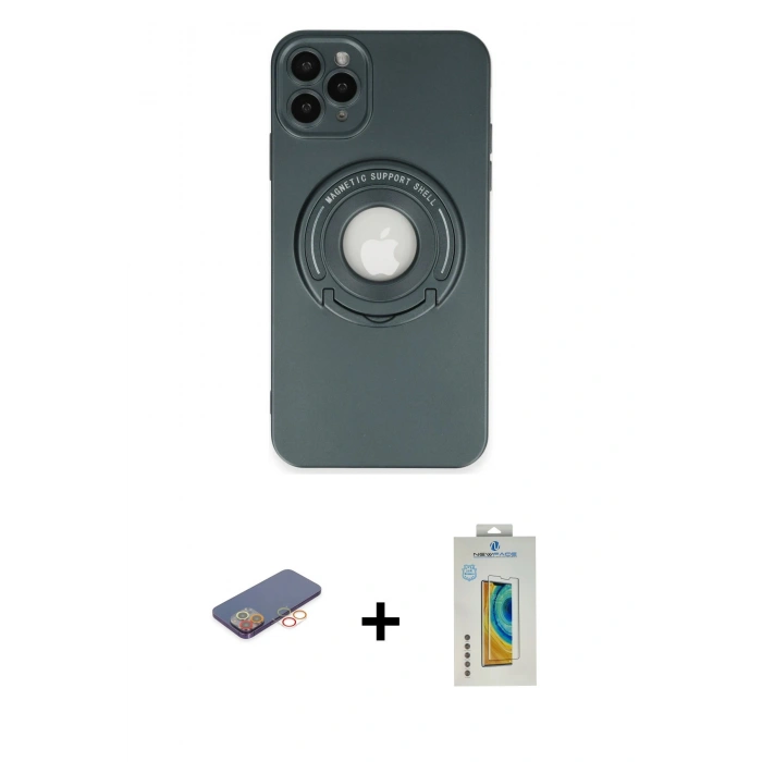 MARSİLYAN™- iPhone 12 Pro Max Kılıf Eksen Klasik Prime - Siyah Polymer Nano Ekran Koruyucu + Turuncu Renkli Kamera Lens Koruma Cam