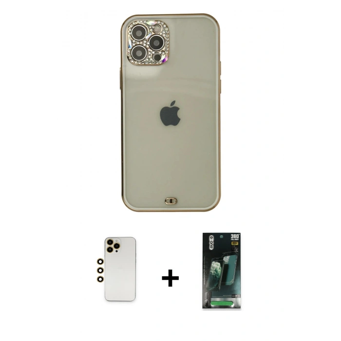 MARSİLYAN™- iPhone 12 Pro Max Kılıf Eksen Minimal Koleksiyonu - Şeffaf 360 Full Body Arka Koruyucu + Gold Shine Kamera Lens