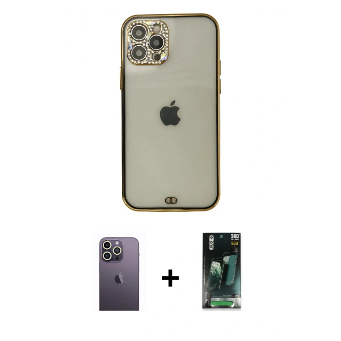 MARSİLYAN™- iPhone 12 Pro Max Kılıf Eksen Minimal Koleksiyonu - Şeffaf 360 Full Body Arka Koruyucu + Neon Fosforlu Kamera Lens - BZ
