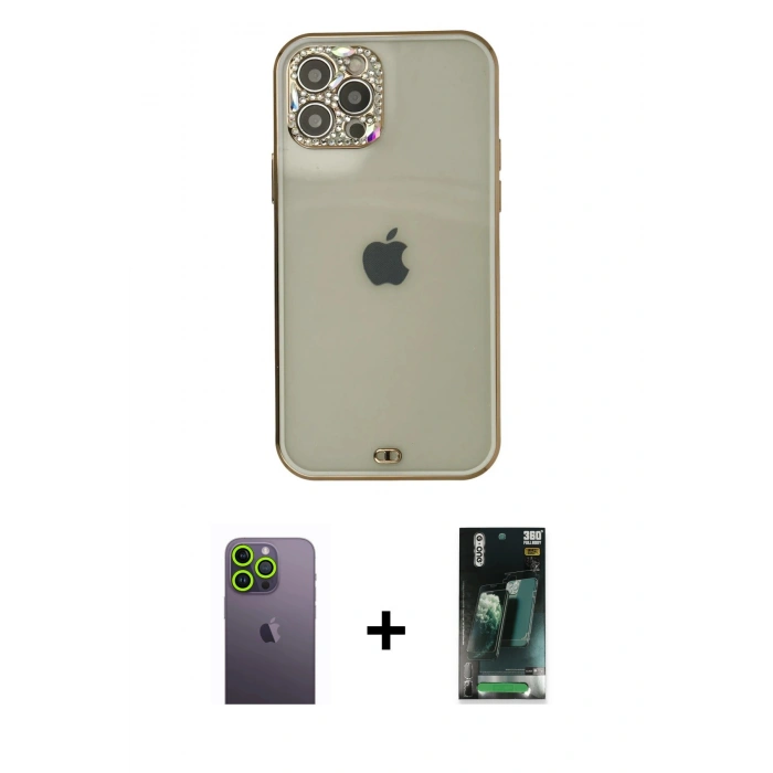 MARSİLYAN™- iPhone 12 Pro Max Kılıf Eksen Minimal Koleksiyonu - Şeffaf 360 Full Body Arka Koruyucu + Neon Fosforlu Kamera Lens - YL