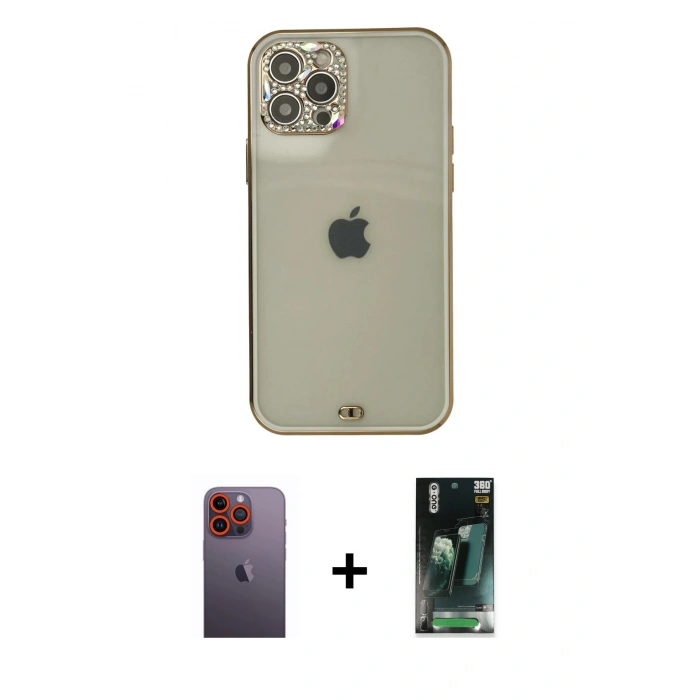 MARSİLYAN™- iPhone 12 Pro Max Kılıf Eksen Minimal Koleksiyonu - Şeffaf 360 Full Body Arka Koruyucu + Neon Fosforlu Kamera Lens - TU
