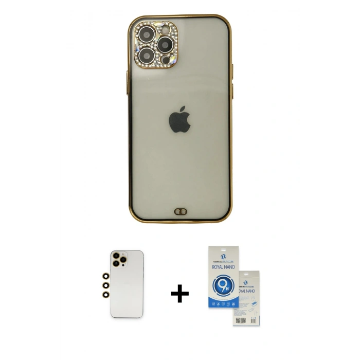 MARSİLYAN™- iPhone 12 Pro Max Kılıf Eksen Minimal Koleksiyonu - Şeffaf Royal Nano Ekran Koruyucu + Shine Kamera Lens - GD