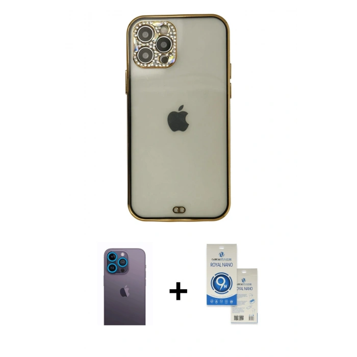 MARSİLYAN™- iPhone 12 Pro Max Kılıf Eksen Minimal Koleksiyonu - Şeffaf Royal Nano Ekran Koruyucu + Neon Fosforlu Kamera Lens - MI