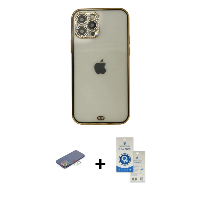 MARSİLYAN™- iPhone 12 Pro Max Kılıf Eksen Minimal Koleksiyonu - Şeffaf Royal Nano Ekran Koruyucu + Mavi Renkli Kamera Lens Koruma Cam