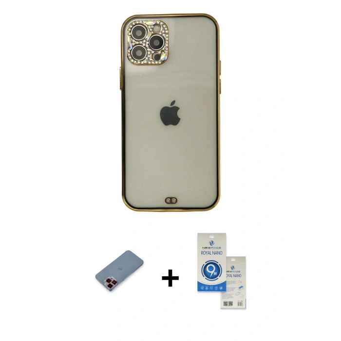 MARSİLYAN™- iPhone 12 Pro Max Kılıf Eksen Minimal Koleksiyonu - Şeffaf Royal Nano Ekran Koruyucu + Metal Kamera Lens Koruma Cam - KI
