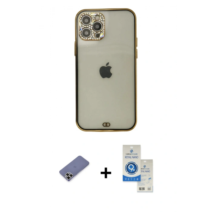 MARSİLYAN™- iPhone 12 Pro Max Kılıf Eksen Minimal Koleksiyonu - Şeffaf Royal Nano Ekran Koruyucu + Metal Kamera Lens Koruma Cam - GD