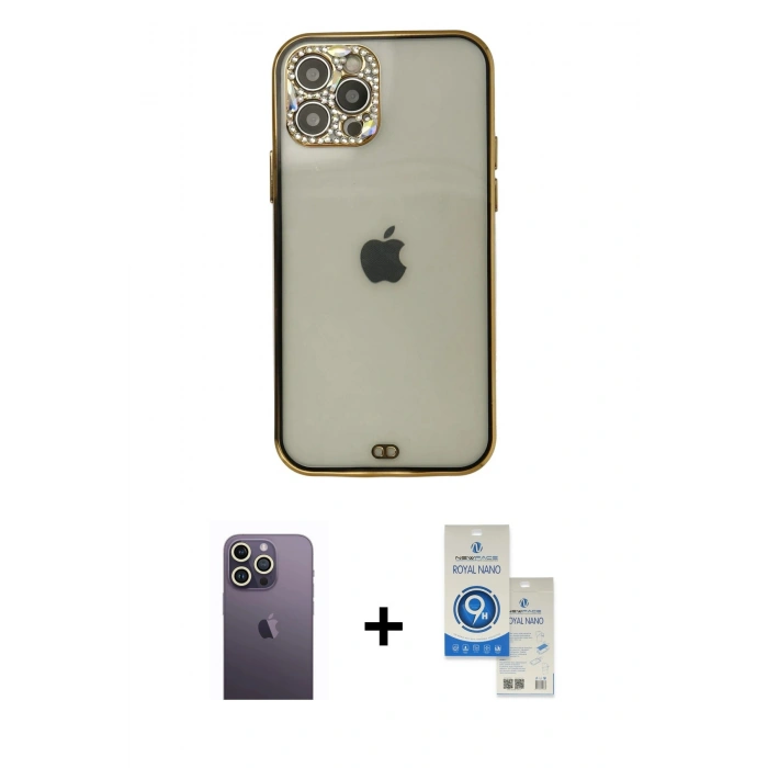 MARSİLYAN™- iPhone 12 Pro Max Kılıf Eksen Minimal Koleksiyonu - Şeffaf Royal Nano Ekran Koruyucu + Neon Fosforlu Kamera Lens - BZ
