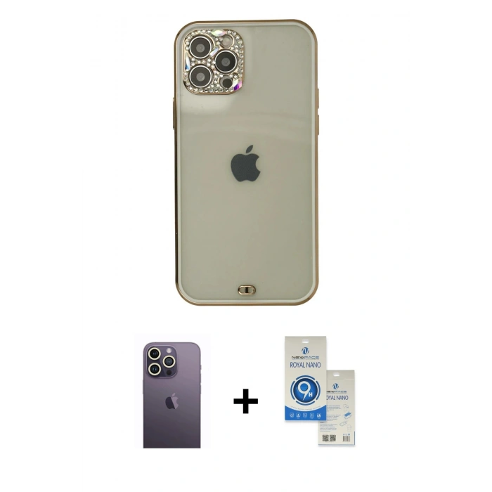 MARSİLYAN™- iPhone 12 Pro Max Kılıf Eksen Minimal Koleksiyonu - Şeffaf Royal Nano Ekran Koruyucu + Neon Fosforlu Kamera Lens - BZ