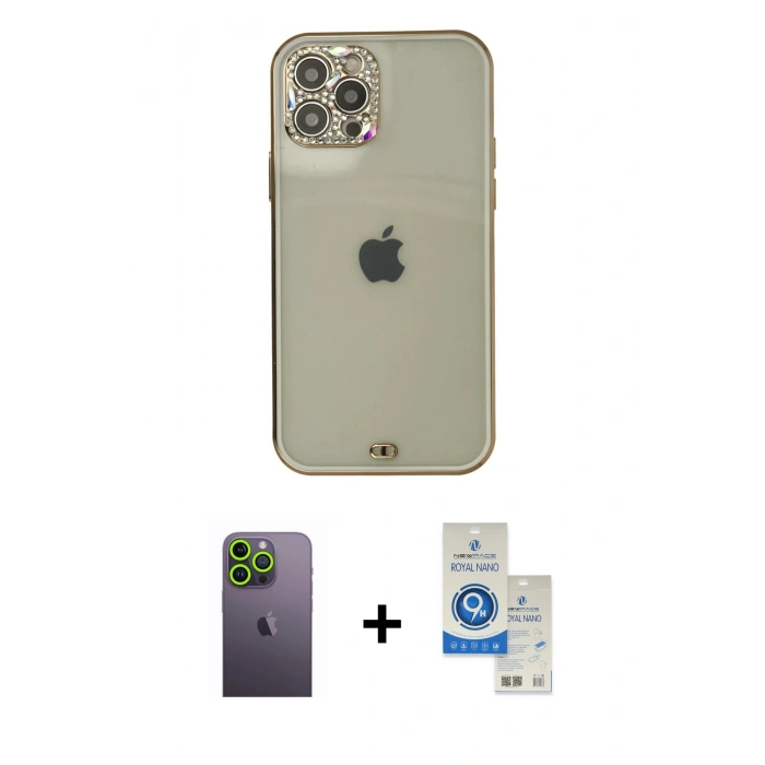 MARSİLYAN™- iPhone 12 Pro Max Kılıf Eksen Minimal Koleksiyonu - Şeffaf Royal Nano Ekran Koruyucu + Neon Fosforlu Kamera Lens - YL