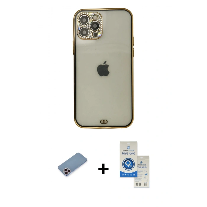 MARSİLYAN™- iPhone 12 Pro Max Kılıf Eksen Minimal Koleksiyonu - Şeffaf Royal Nano Ekran Koruyucu + Pembe Shine Kamera Lens Koruma Cam