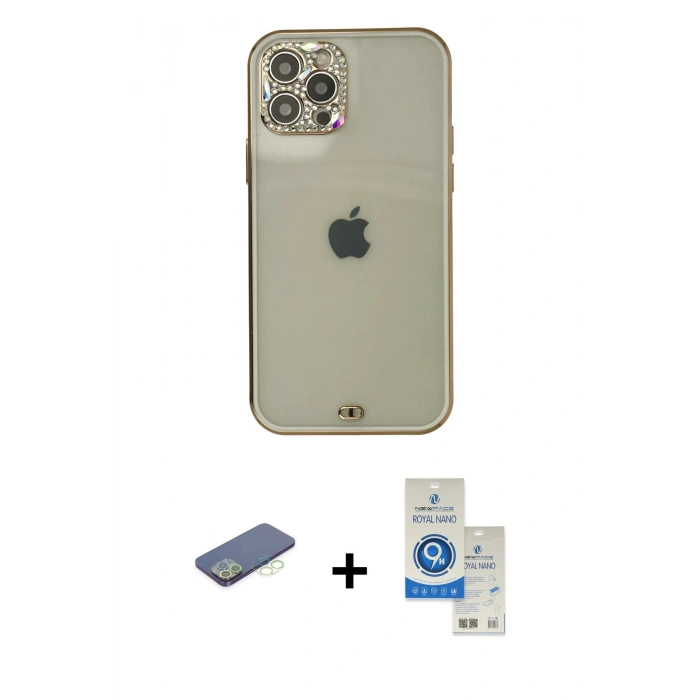 MARSİLYAN™- iPhone 12 Pro Max Kılıf Eksen Minimal Koleksiyonu - Şeffaf Royal Nano Ekran Koruyucu + Renkli Kamera Lens Koruma Cam - YL