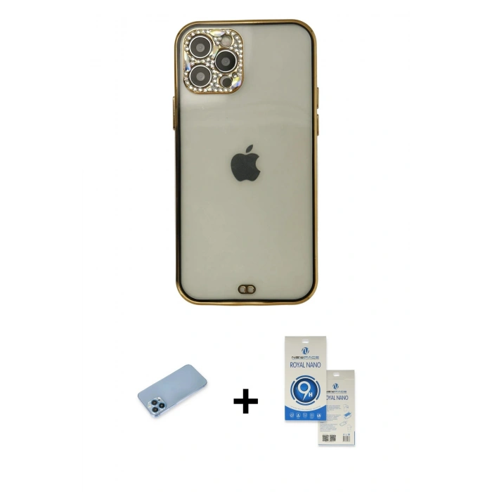 MARSİLYAN™- iPhone 12 Pro Max Kılıf Eksen Minimal Koleksiyonu - Şeffaf Royal Nano Ekran Koruyucu + Shine Kamera Lens Koruma Cam - MI