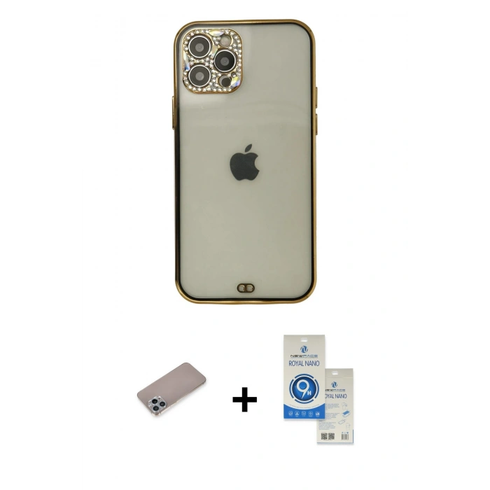 MARSİLYAN™- iPhone 12 Pro Max Kılıf Eksen Minimal Koleksiyonu - Şeffaf Royal Nano Ekran Koruyucu + Shine Kamera Lens Koruma Cam - SABE