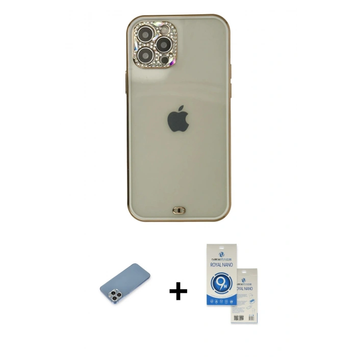 MARSİLYAN™- iPhone 12 Pro Max Kılıf Eksen Minimal Koleksiyonu - Şeffaf Royal Nano Ekran Koruyucu + Shine Kamera Lens Koruma Cam - GS