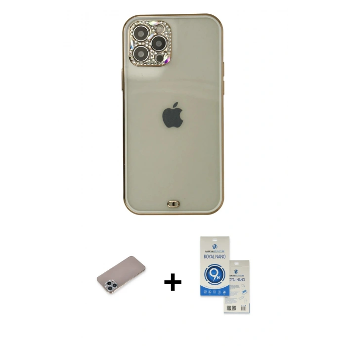 MARSİLYAN™- iPhone 12 Pro Max Kılıf Eksen Minimal Koleksiyonu - Şeffaf Royal Nano Ekran Koruyucu + Shine Kamera Lens Koruma Cam - SABE
