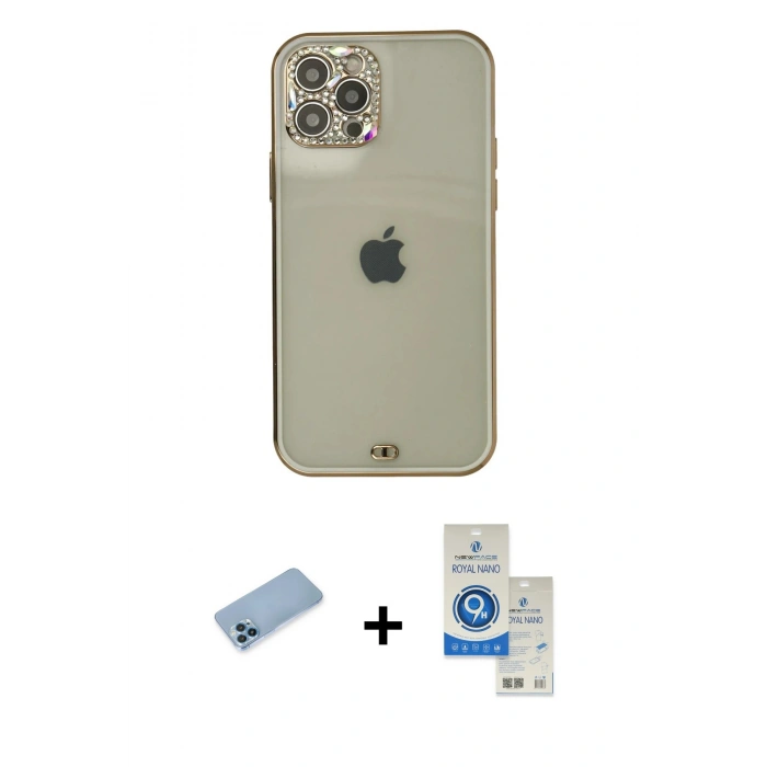 MARSİLYAN™- iPhone 12 Pro Max Kılıf Eksen Minimal Koleksiyonu - Şeffaf Royal Nano Ekran Koruyucu + Shine Kamera Lens Koruma Cam - MI