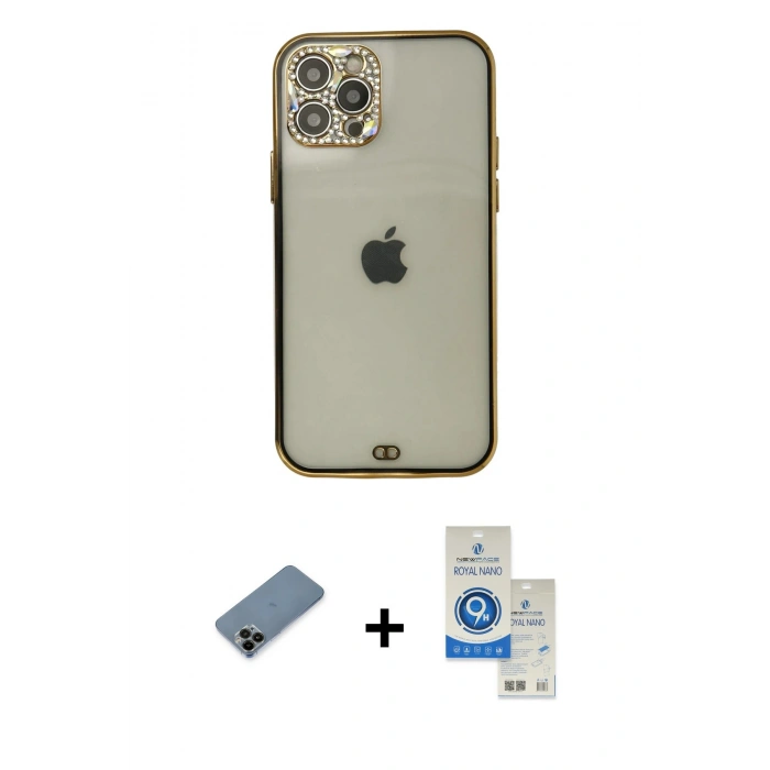 MARSİLYAN™- iPhone 12 Pro Max Kılıf Eksen Minimal Koleksiyonu - Şeffaf Royal Nano Ekran Koruyucu + Siyah Shine Kamera Lens Koruma Cam