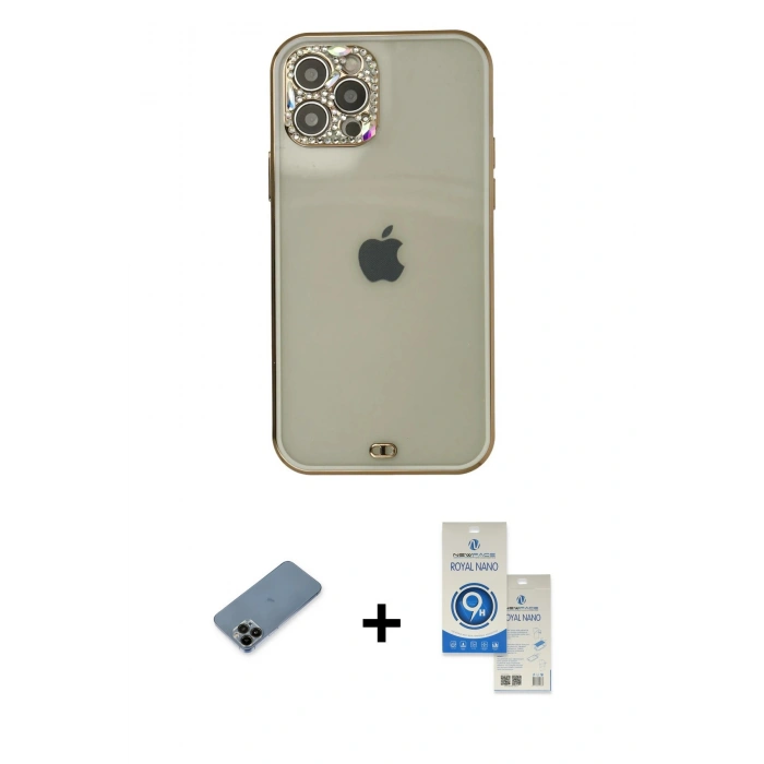 MARSİLYAN™- iPhone 12 Pro Max Kılıf Eksen Minimal Koleksiyonu - Şeffaf Royal Nano Ekran Koruyucu + Siyah Shine Kamera Lens Koruma Cam