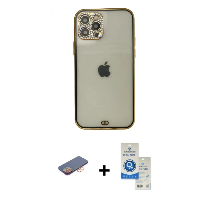 MARSİLYAN™- iPhone 12 Pro Max Kılıf Eksen Minimal Koleksiyonu - Şeffaf Royal Nano Ekran Koruyucu + Turuncu Renkli Kamera Lens Koruma Cam