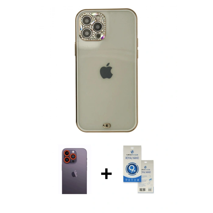 MARSİLYAN™- iPhone 12 Pro Max Kılıf Eksen Minimal Koleksiyonu - Şeffaf Royal Nano Ekran Koruyucu + Neon Fosforlu Kamera Lens - TU