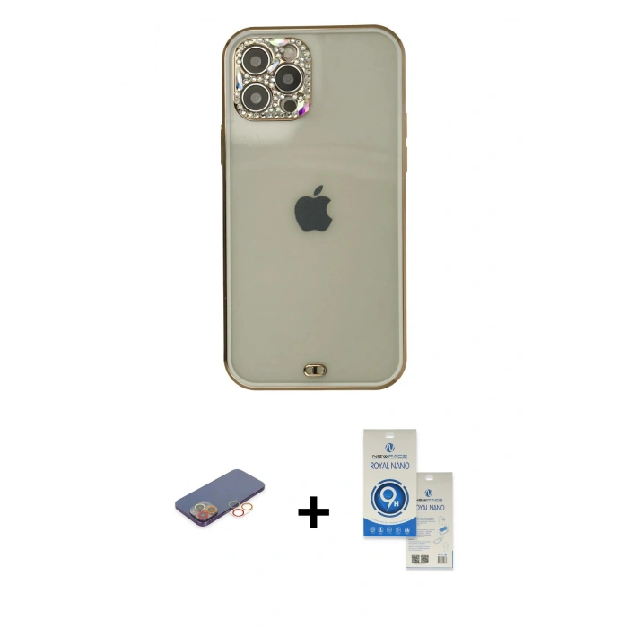 MARSİLYAN™- iPhone 12 Pro Max Kılıf Eksen Minimal Koleksiyonu - Şeffaf Royal Nano Ekran Koruyucu + Turuncu Renkli Kamera Lens Koruma Cam