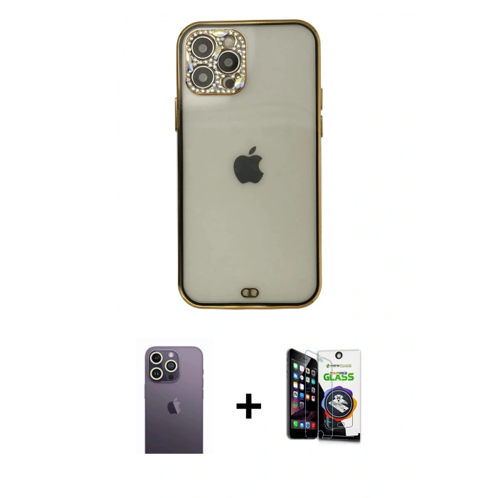 MARSİLYAN™- iPhone 12 Pro Max Kılıf Eksen Minimal Koleksiyonu - Şeffaf Temperli Cam Ekran Koruyucu + Beyaz Neon Fosforlu Kamera Lens