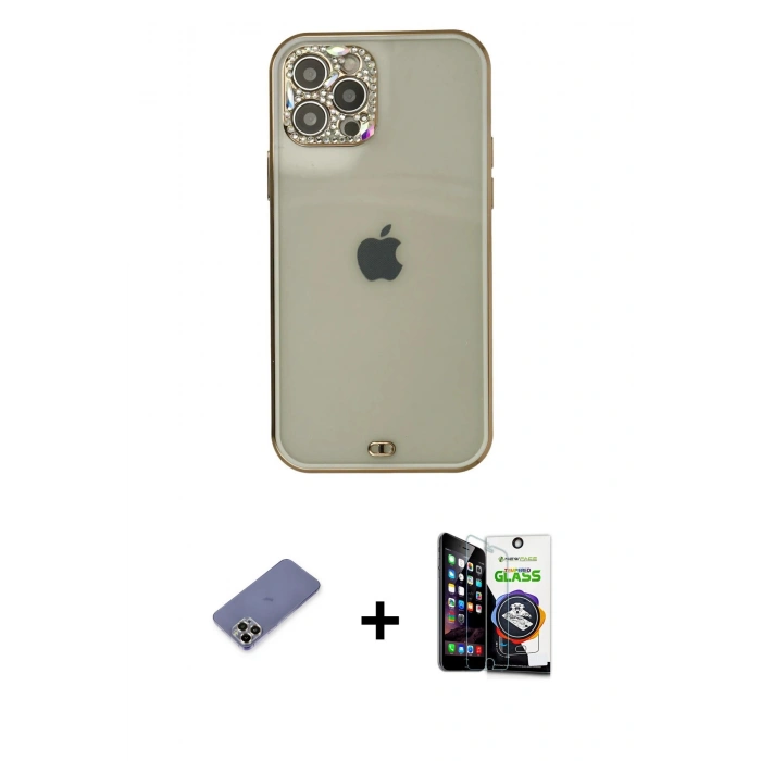 MARSİLYAN™- iPhone 12 Pro Max Kılıf Eksen Minimal Koleksiyonu - Şeffaf Temperli Cam Ekran Koruyucu + Metal Kamera Lens Koruma Cam - GD