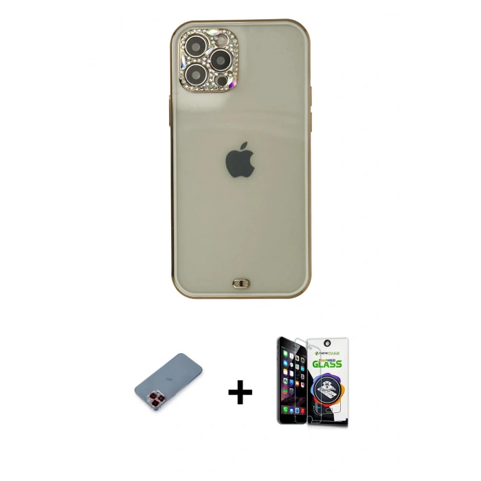 MARSİLYAN™- iPhone 12 Pro Max Kılıf Eksen Minimal Koleksiyonu - Şeffaf Temperli Cam Ekran Koruyucu + Metal Kamera Lens Koruma Cam - KI
