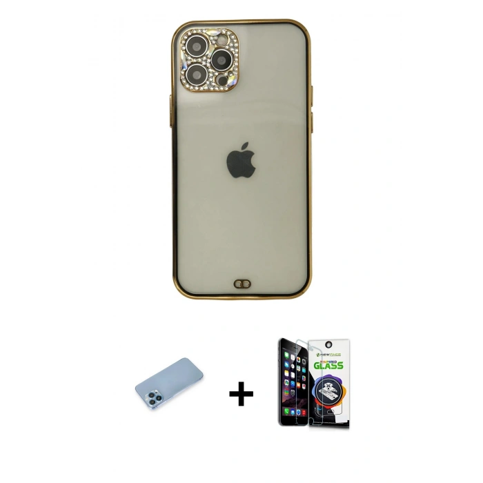 MARSİLYAN™- iPhone 12 Pro Max Kılıf Eksen Minimal Koleksiyonu - Şeffaf Temperli Cam Ekran Koruyucu + Mavi Shine Kamera Lens Koruma Cam