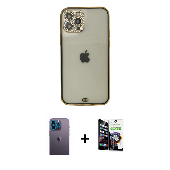 MARSİLYAN™- iPhone 12 Pro Max Kılıf Eksen Minimal Koleksiyonu - Şeffaf Temperli Cam Ekran Koruyucu + Neon Fosforlu Kamera Lens - MI