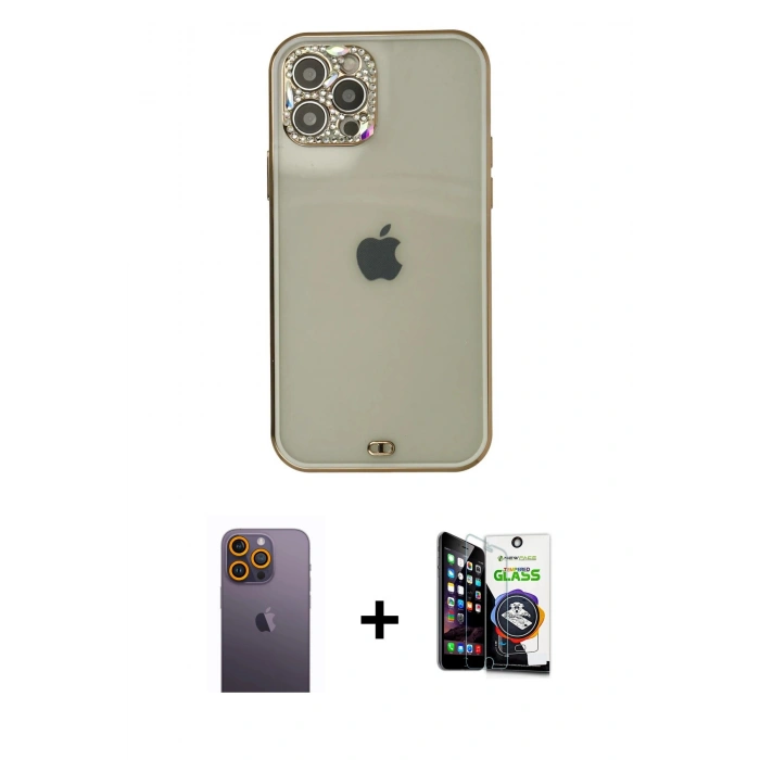 MARSİLYAN™- iPhone 12 Pro Max Kılıf Eksen Minimal Koleksiyonu - Şeffaf Temperli Cam Ekran Koruyucu + Neon Fosforlu Kamera Lens - SI