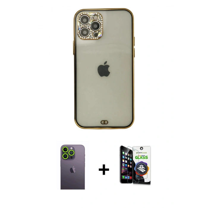 MARSİLYAN™- iPhone 12 Pro Max Kılıf Eksen Minimal Koleksiyonu - Şeffaf Temperli Cam Ekran Koruyucu + Neon Fosforlu Kamera Lens - YL