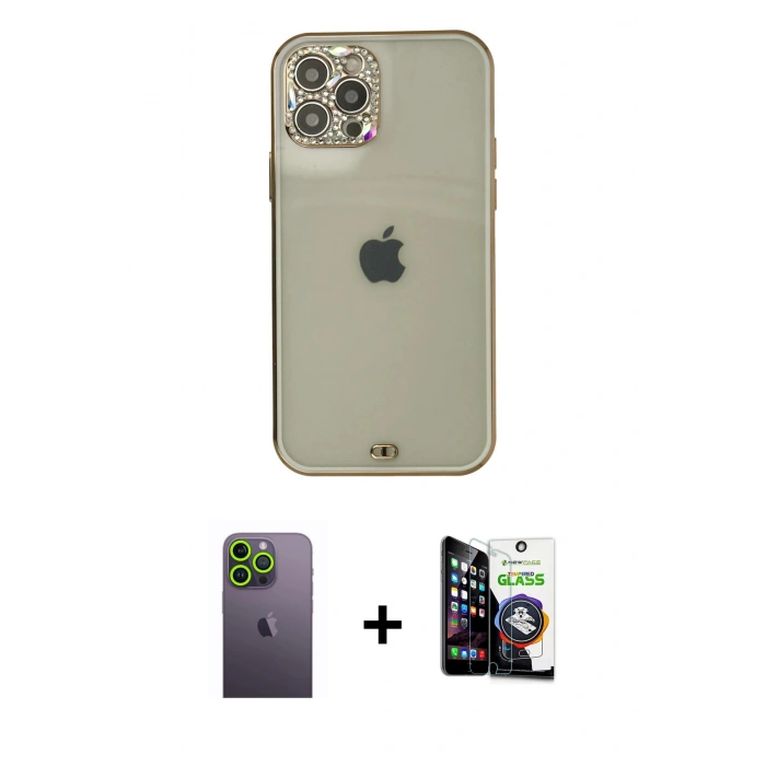MARSİLYAN™- iPhone 12 Pro Max Kılıf Eksen Minimal Koleksiyonu - Şeffaf Temperli Cam Ekran Koruyucu + Neon Fosforlu Kamera Lens - YL