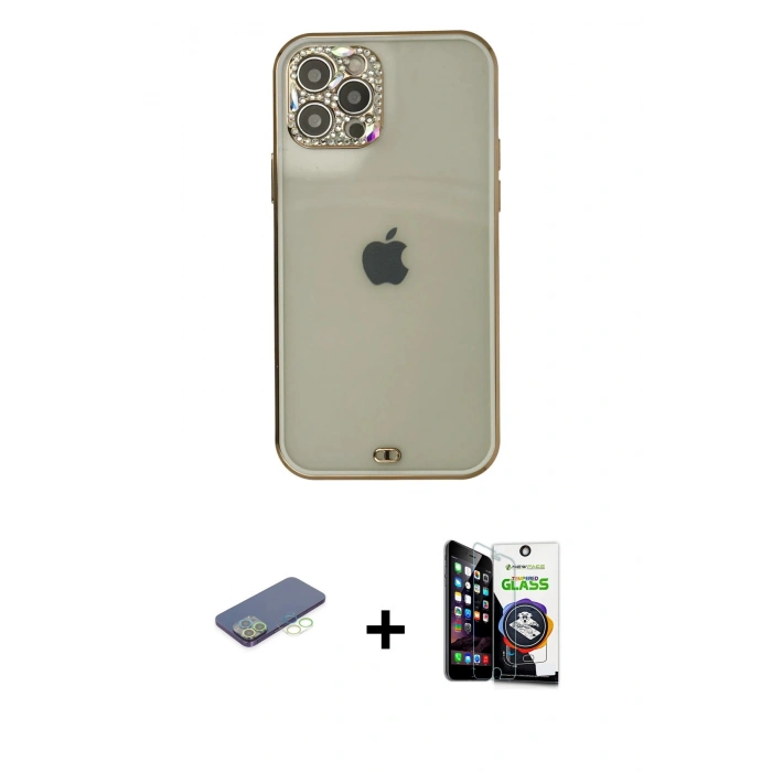 MARSİLYAN™- iPhone 12 Pro Max Kılıf Eksen Minimal Koleksiyonu - Şeffaf Temperli Cam Ekran Koruyucu + Renkli Kamera Lens Koruma Cam - YL