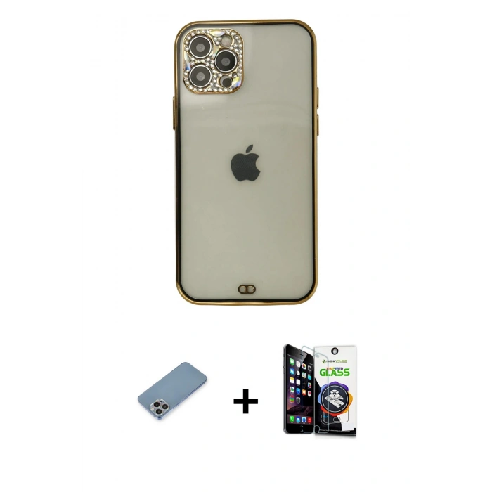 MARSİLYAN™- iPhone 12 Pro Max Kılıf Eksen Minimal Koleksiyonu - Şeffaf Temperli Cam Ekran Koruyucu + Shine Kamera Lens Koruma Cam - GI