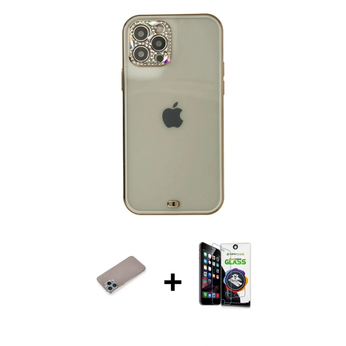 MARSİLYAN™- iPhone 12 Pro Max Kılıf Eksen Minimal Koleksiyonu - Şeffaf Temperli Cam Ekran Koruyucu + Shine Kamera Lens Koruma Cam - SABE