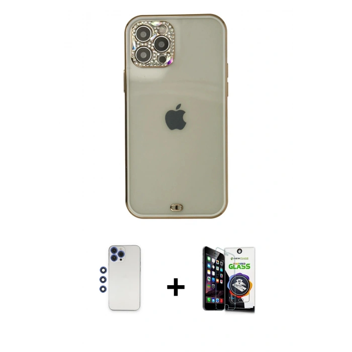 MARSİLYAN™- iPhone 12 Pro Max Kılıf Eksen Minimal Koleksiyonu - Şeffaf Temperli Cam Ekran Koruyucu + Shine Kamera Lens - LT