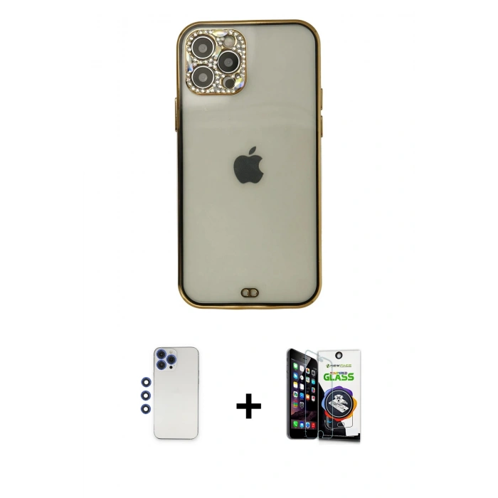 MARSİLYAN™- iPhone 12 Pro Max Kılıf Eksen Minimal Koleksiyonu - Şeffaf Temperli Cam Ekran Koruyucu + Shine Kamera Lens - LT