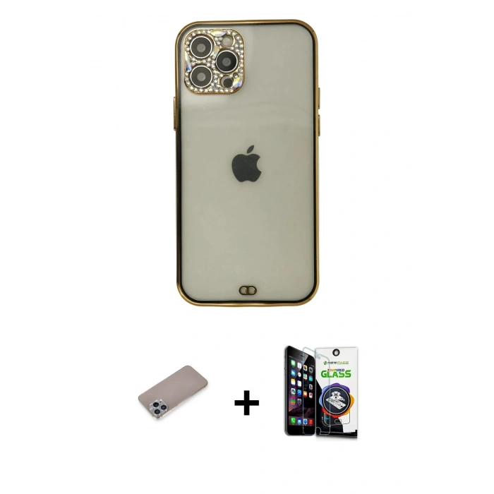 MARSİLYAN™- iPhone 12 Pro Max Kılıf Eksen Minimal Koleksiyonu - Şeffaf Temperli Cam Ekran Koruyucu + Sierra Blue Shine Kamera Lens Koruma Cam