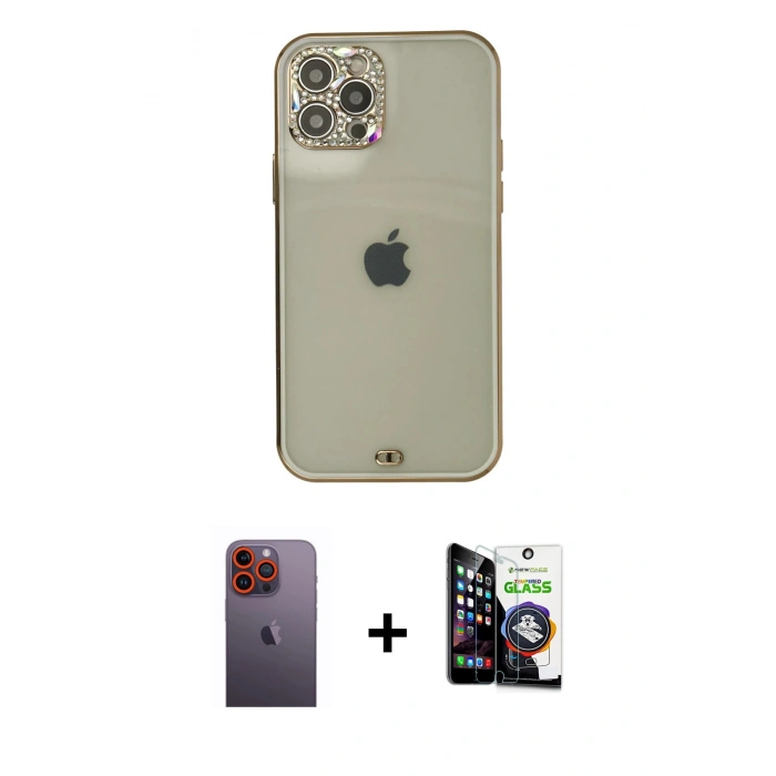 MARSİLYAN™- iPhone 12 Pro Max Kılıf Eksen Minimal Koleksiyonu - Şeffaf Temperli Cam Ekran Koruyucu + Turuncu Neon Fosforlu Kamera Lens