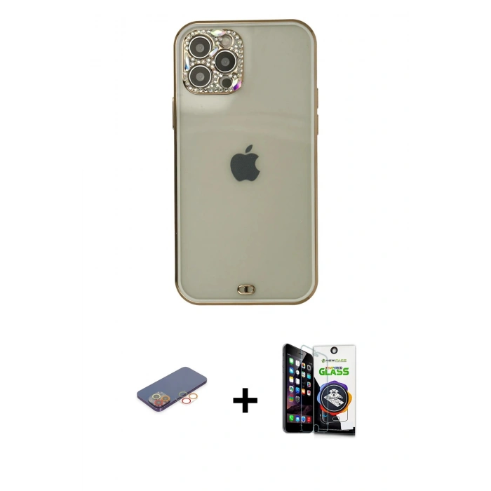 MARSİLYAN™- iPhone 12 Pro Max Kılıf Eksen Minimal Koleksiyonu - Şeffaf Temperli Cam Ekran Koruyucu + Renkli Kamera Lens Koruma Cam - TU
