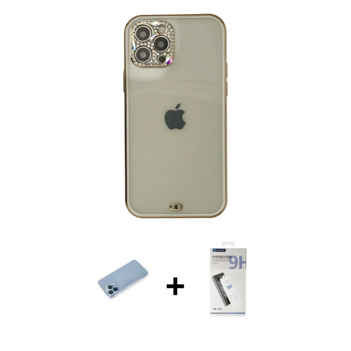 MARSİLYAN™- iPhone 12 Pro Max Kılıf Eksen Minimal Koleksiyonu - Şeffaf Uv Polymer Nano Ekran Koruyucu + Shine Kamera Lens Koruma Cam - MI
