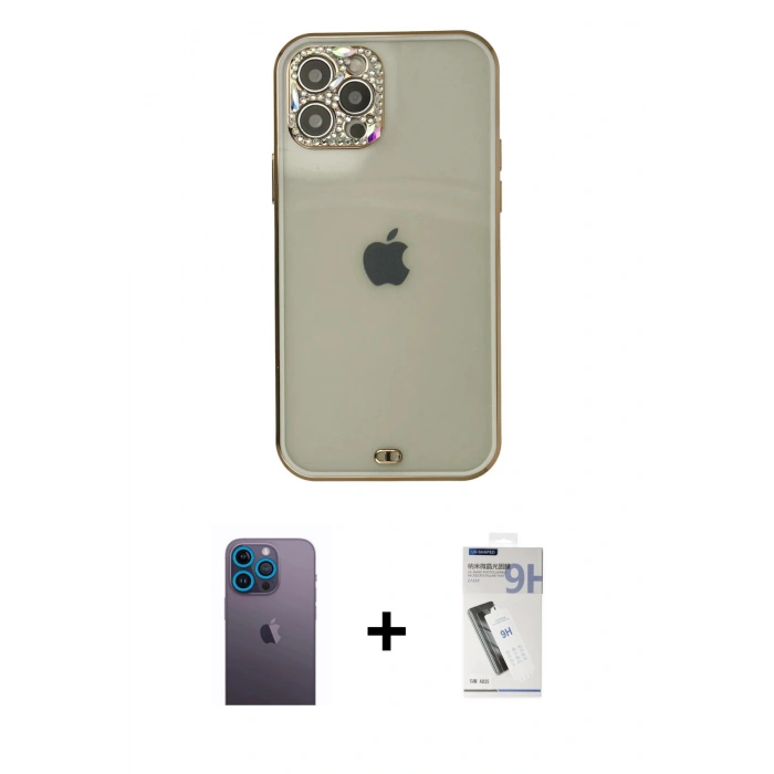 MARSİLYAN™- iPhone 12 Pro Max Kılıf Eksen Minimal Koleksiyonu - Şeffaf Uv Polymer Nano Ekran Koruyucu + Mavi Neon Fosforlu Kamera Lens